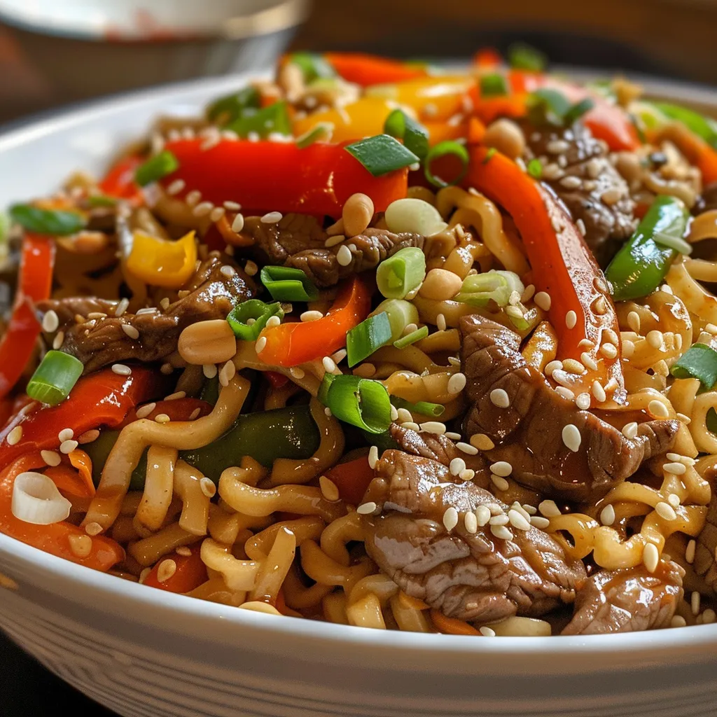 Close-up view of a plate of Beef Chow Mein with colorful vegetables and noodles.