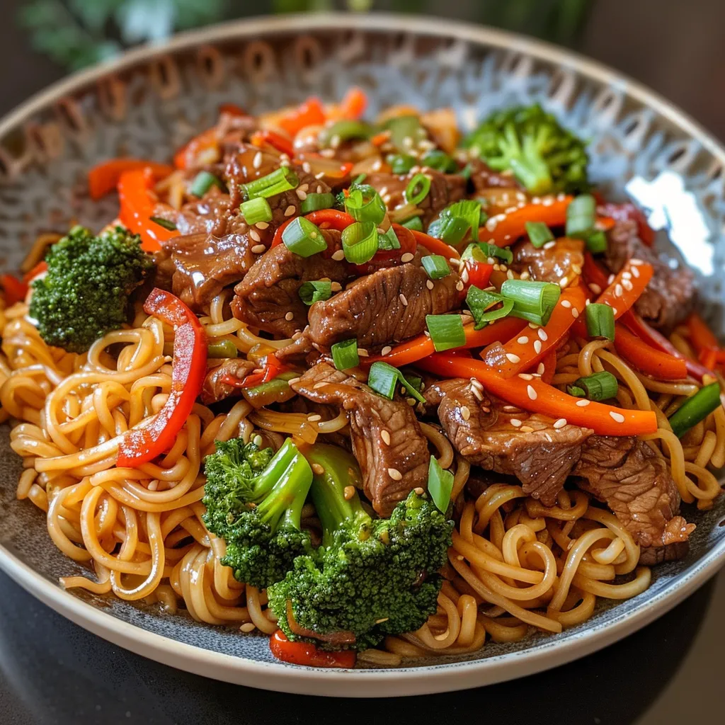 Close-up view of a beef stir-fry with noodles, featuring colorful vegetables and a glossy sauce.