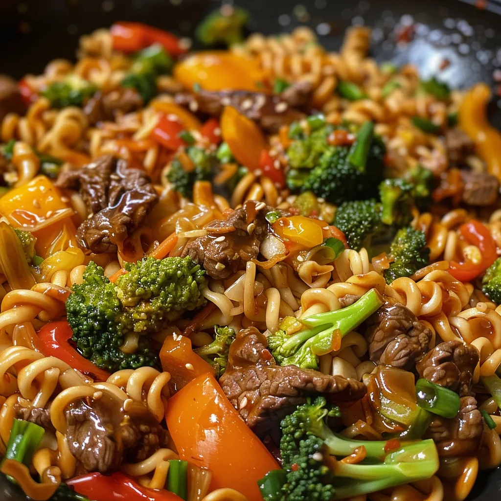 A vibrant plate of beef stir-fry with noodles, showcasing slices of bell pepper and broccoli.