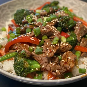 Close-up of a beef stir fry with vibrant vegetables, showcasing juicy strips of beef and colorful bell peppers.