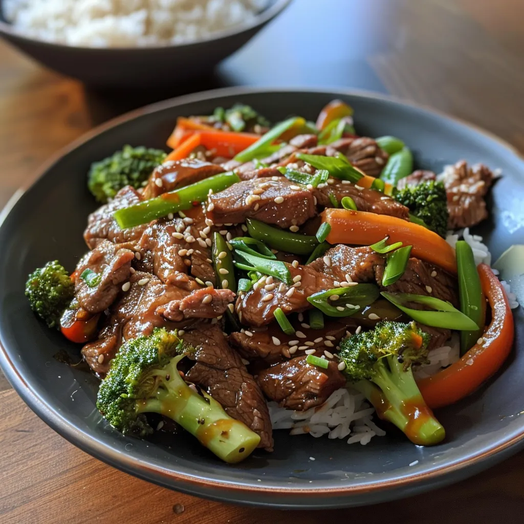 Side view of a savory beef stir fry, featuring broccoli, snap peas, and garnished with green onions and sesame seeds.