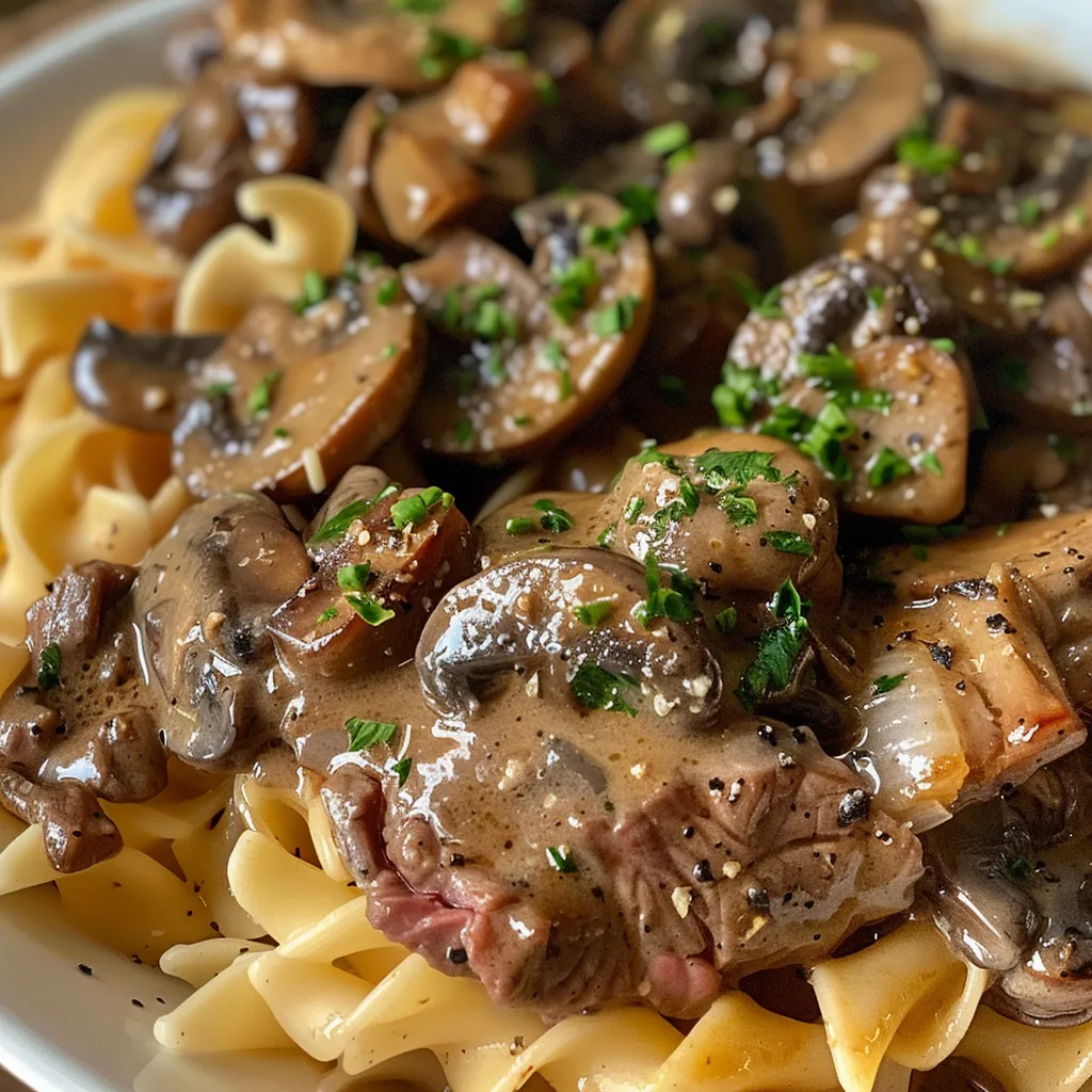 Close-up of a creamy Beef Stroganoff served over egg noodles.