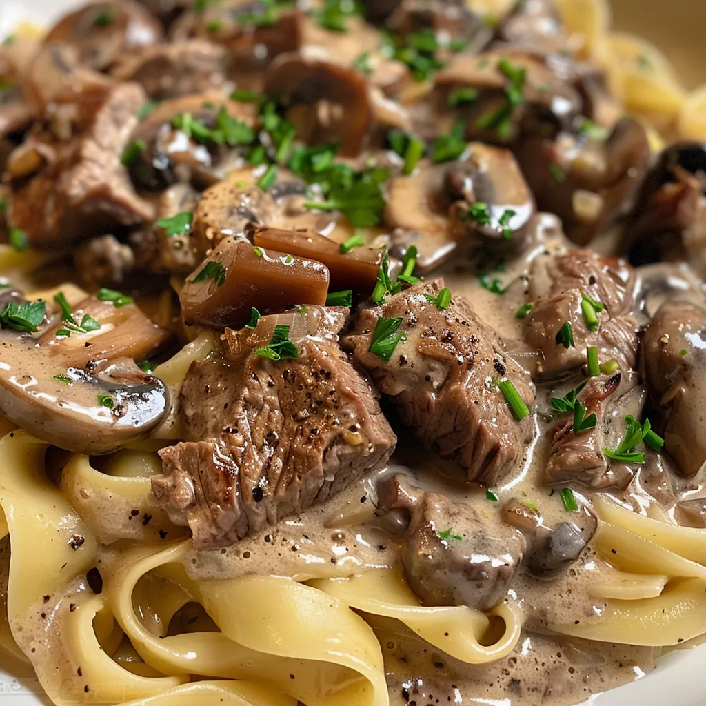 Close-up side view of a plate featuring Beef Stroganoff, showcasing tender beef and creamy sauce.