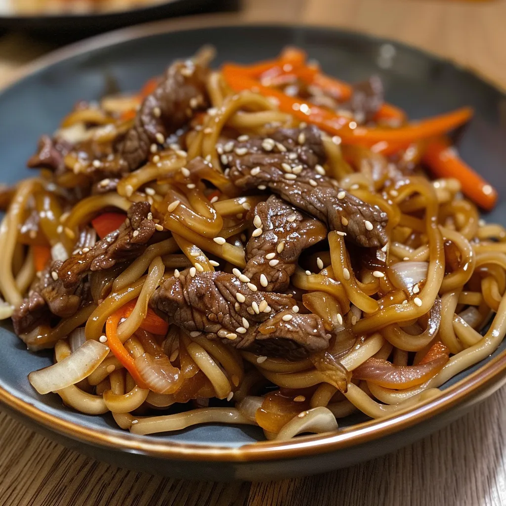 Close-up of savory Beef Teriyaki Noodles with colorful vegetables.