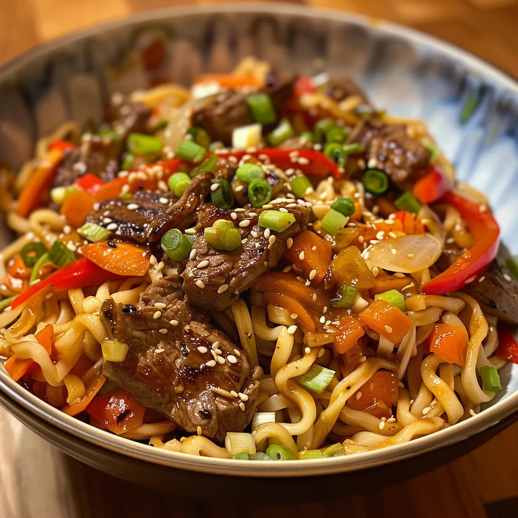 A side view of Beef Teriyaki Noodles, showcasing juicy beef and vibrant veggies.