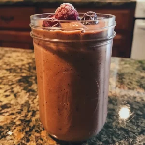 A close-up view of a vibrant Berry Almond Butter Smoothie in a glass, showcasing a rich purple color with a creamy texture.