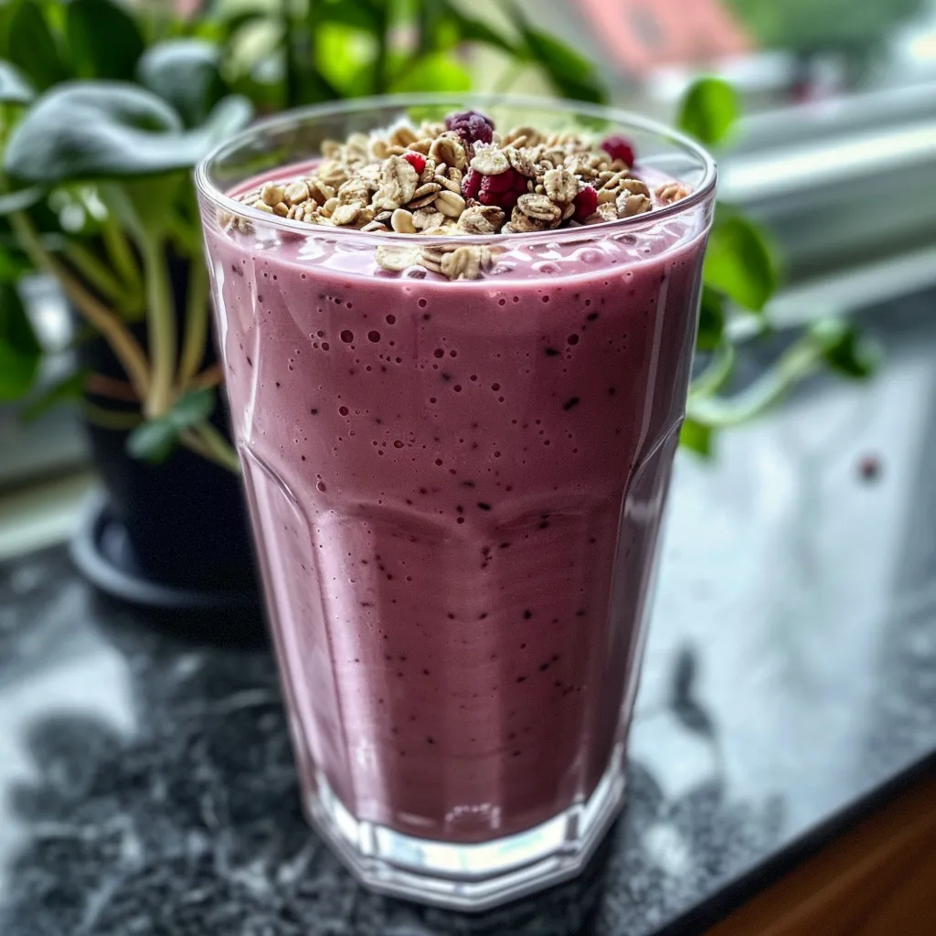 Close-up of a vibrant smoothie with berries, banana, and a hint of vanilla.