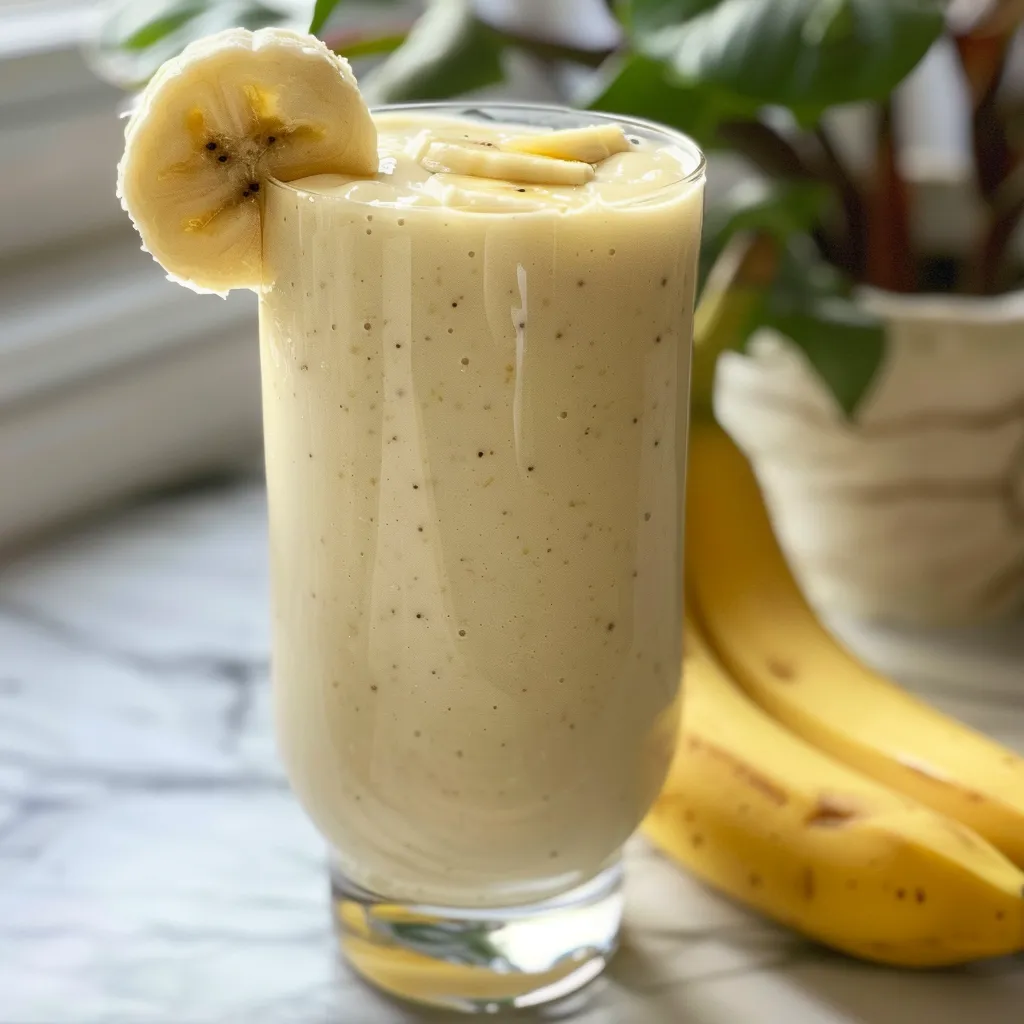 Close-up view of a delicious banana smoothie in a glass with a straw.