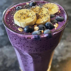 Close-up of a vibrant Blueberry Banana Oat Bliss Smoothie in a glass with fresh blueberries and a banana beside it.
