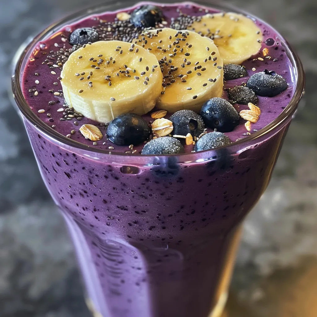 Close-up of a vibrant Blueberry Banana Oat Bliss Smoothie in a glass with fresh blueberries and a banana beside it.
