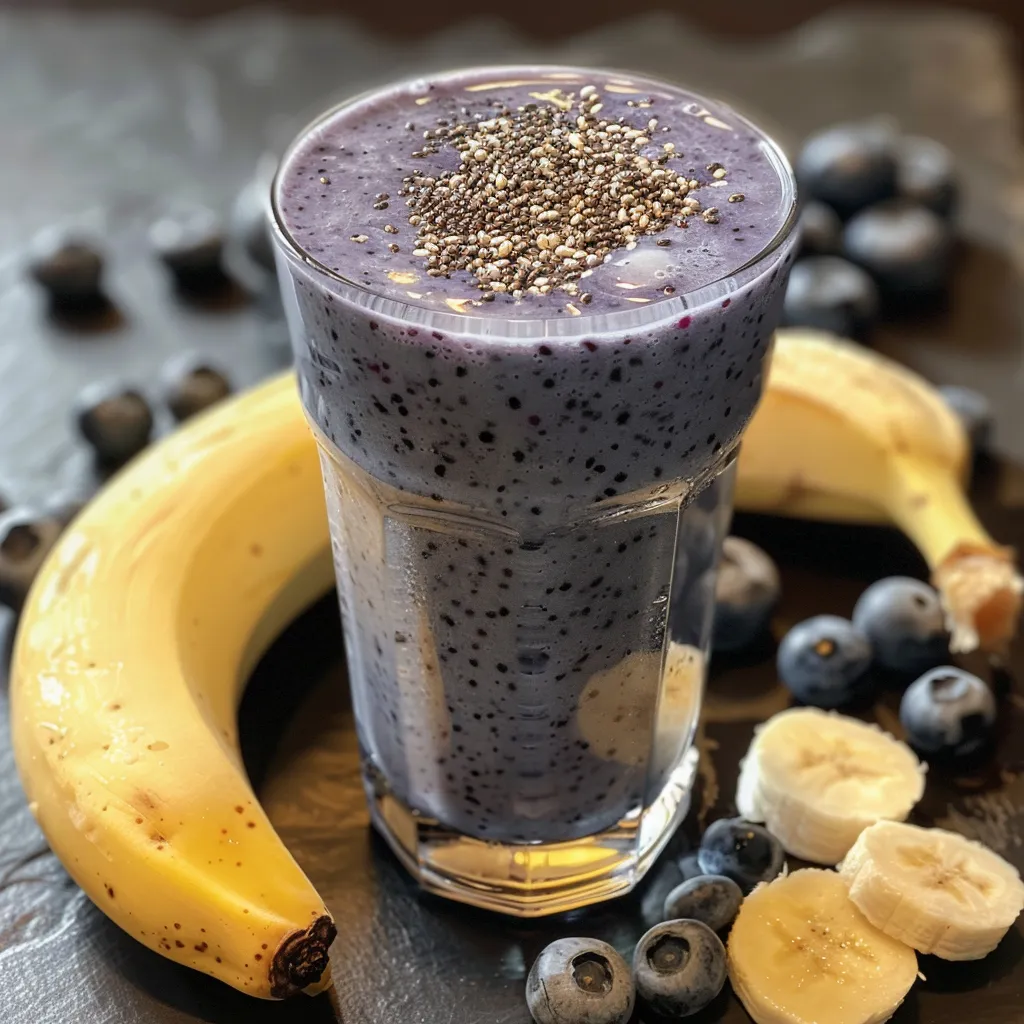 Side view of a creamy blueberry banana smoothie with ice cubes, showcasing fresh blueberries and banana slices.