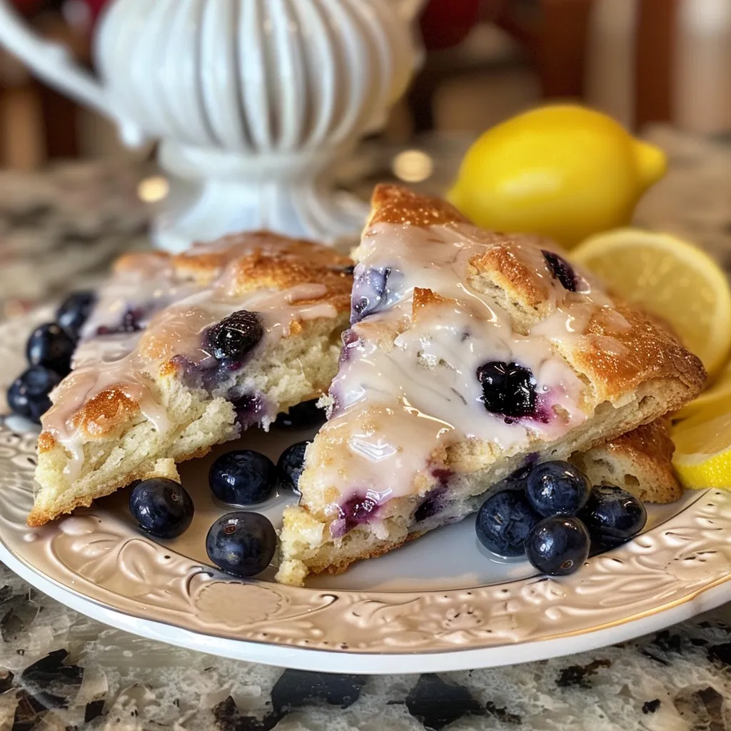 Close-up side view of freshly baked blueberry lemon scones topped with a dusting of powdered sugar.
