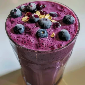 A refreshing Blueberry Oat Milk Smoothie, garnished with blueberries and oats, captured in detailed focus.