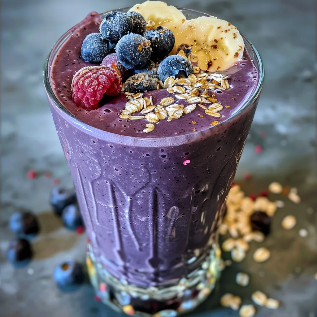 Close-up image of a smoothie glass filled with a blueberry and oat milk blend, highlighting its smooth texture.