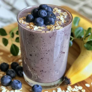 Thick blueberry oatmeal smoothie in a clear glass, showcasing its rich texture and color.