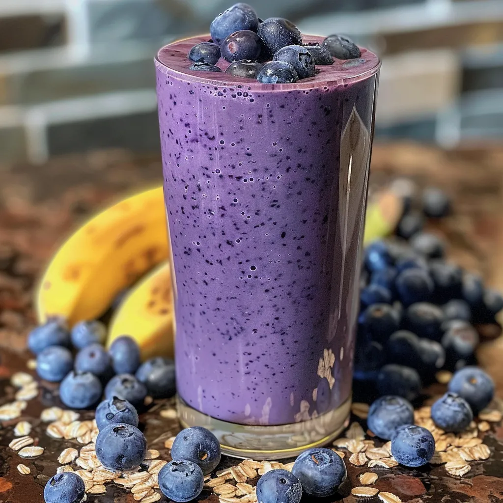 Colorful smoothie glass filled with blueberry and oatmeal blend, with a banana slice on the rim.