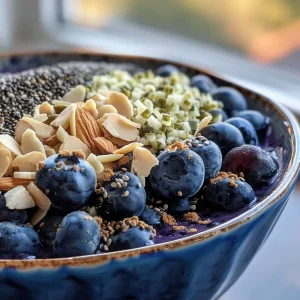 Close-up view of a vibrant blueberry protein bowl topped with fresh blueberries and sliced almonds.