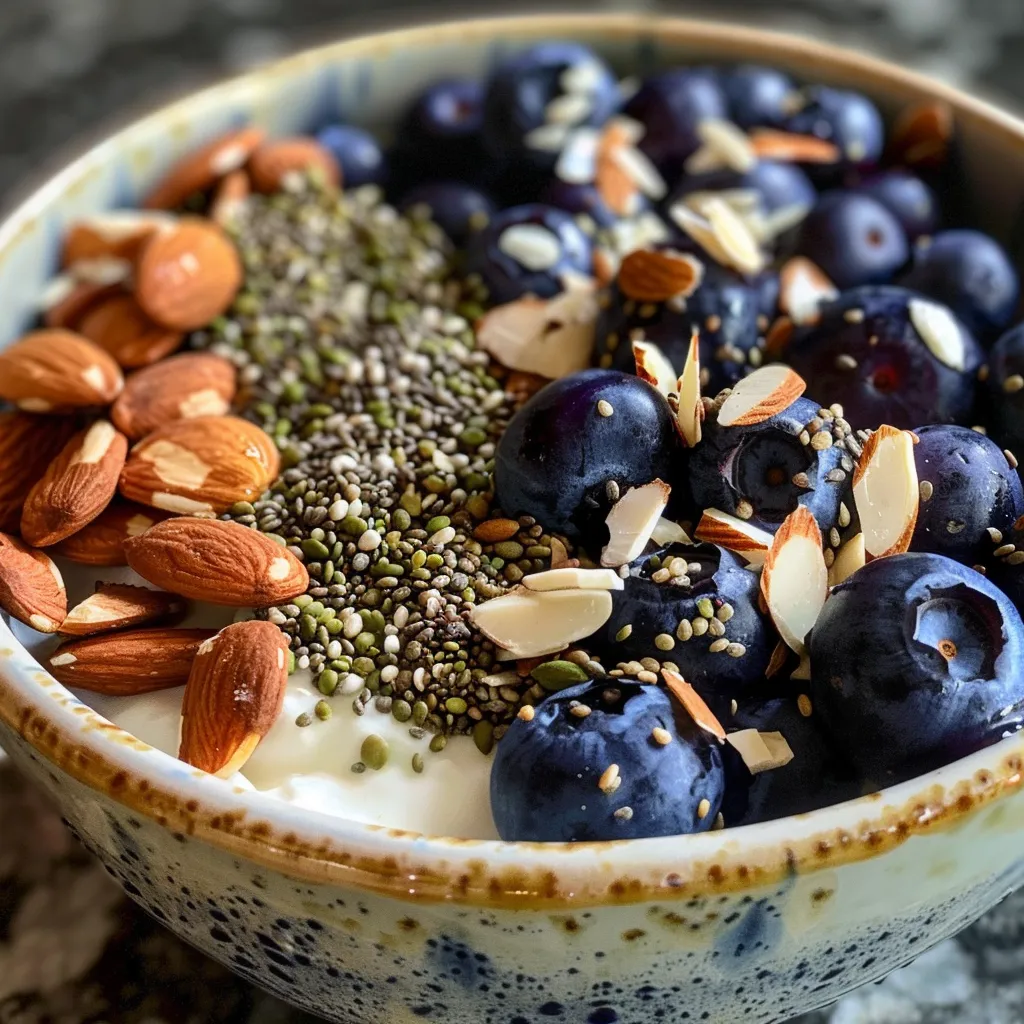 Side view of a bowl filled with creamy Greek yogurt, blueberries, and crunchy toppings.