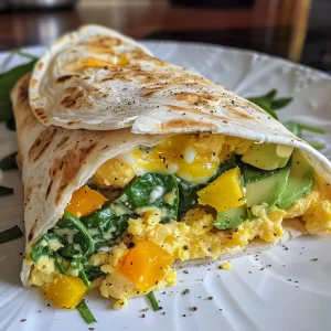Scrambled egg burrito wrapped in a tortilla, showing vibrant fillings of spinach and yellow bell pepper.