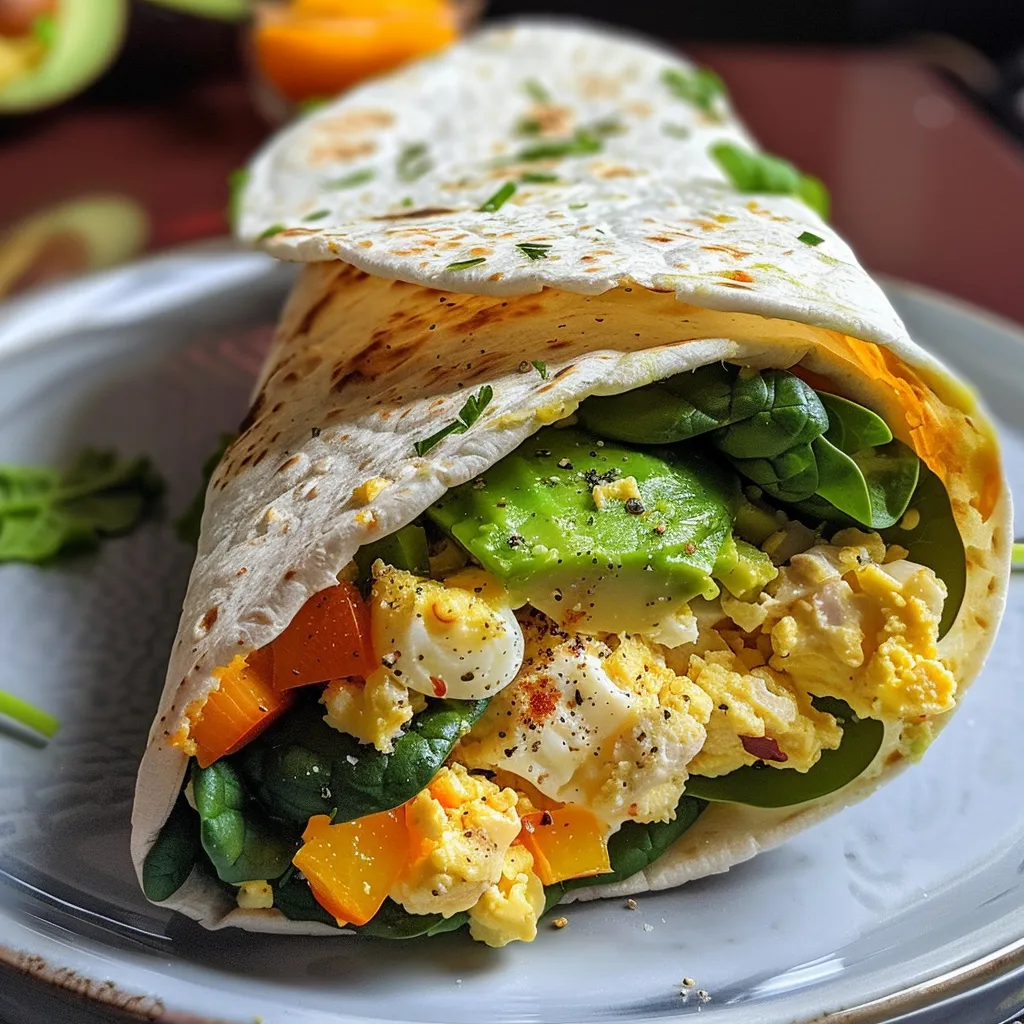 Delicious breakfast burrito showcasing a mix of veggies and protein, ready to eat.
