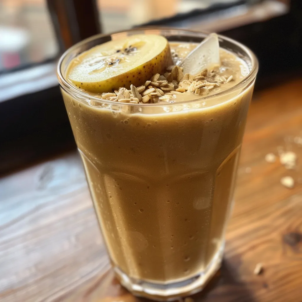 Close-up of a vibrant breakfast smoothie made with pear, banana, oats, and honey.
