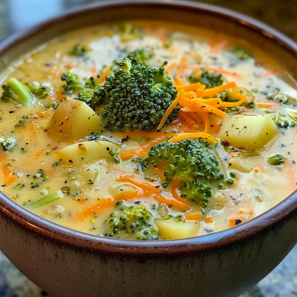 A side view of Broccoli Potato Soup showcasing its creamy texture and fresh vegetable chunks.