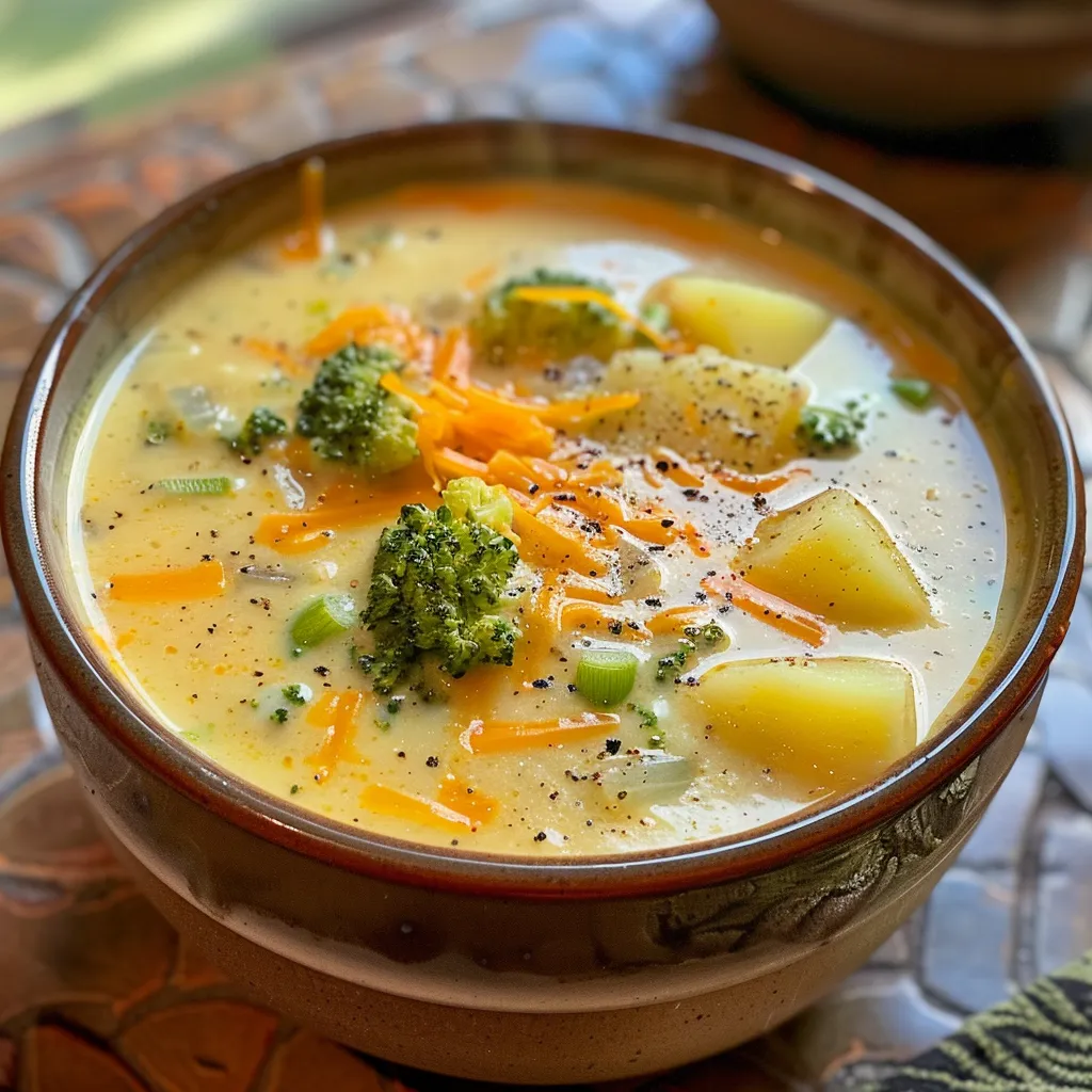 A bowl of Broccoli Potato Soup filled with broccoli florets, potatoes, and colorful ingredients.