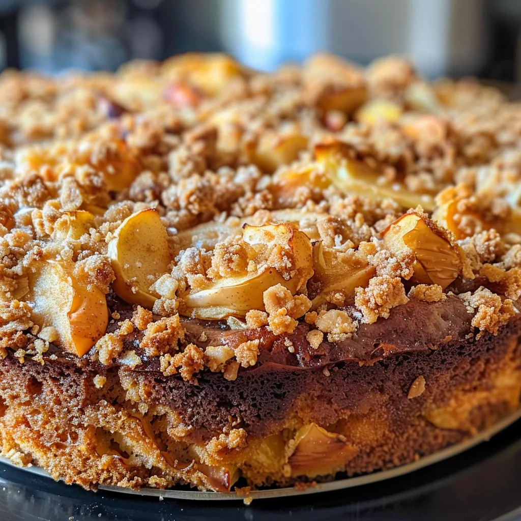 Detailed view of a Brown Butter Apple Crumble Cake slice, highlighting the texture of the crumble and cooked apples.