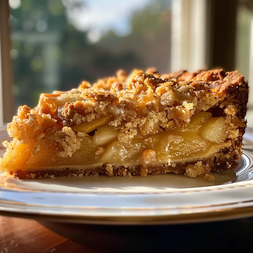 Close-up shot of a piece of Brown Butter Apple Crumble Cake, emphasizing its buttery crumble and succulent apple layers.