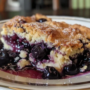 A slice of brown butter blueberry cobbler in a ceramic dish, highlighting the contrasting colors of blueberries and cake mix.