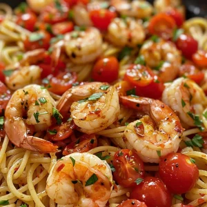 Close-up view of Burst Cherry Tomato and Shrimp Pasta in a bowl, highlighting vibrant cherry tomatoes and shrimp.