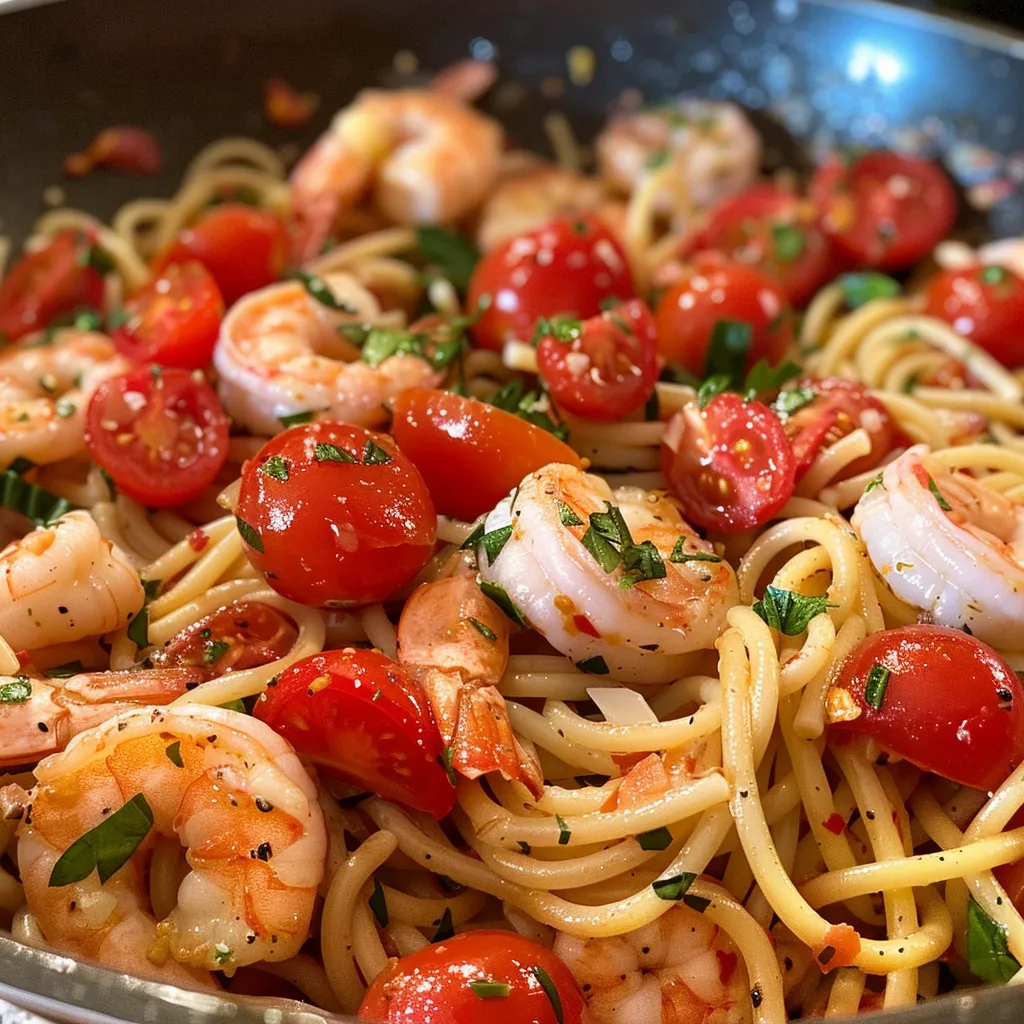 Side view of a plate of Burst Cherry Tomato and Shrimp Pasta, showcasing colorful ingredients and herbs.
