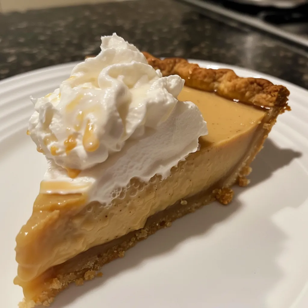 A beautifully presented Butterscotch Pie with a shiny surface and optional caramel drizzle.