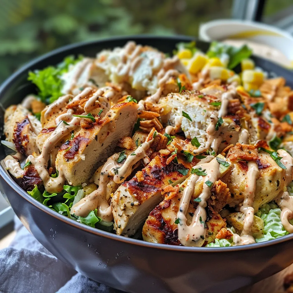 A close-up view of a Caesar chicken bowl with crispy chicken, lettuce, and toppings.