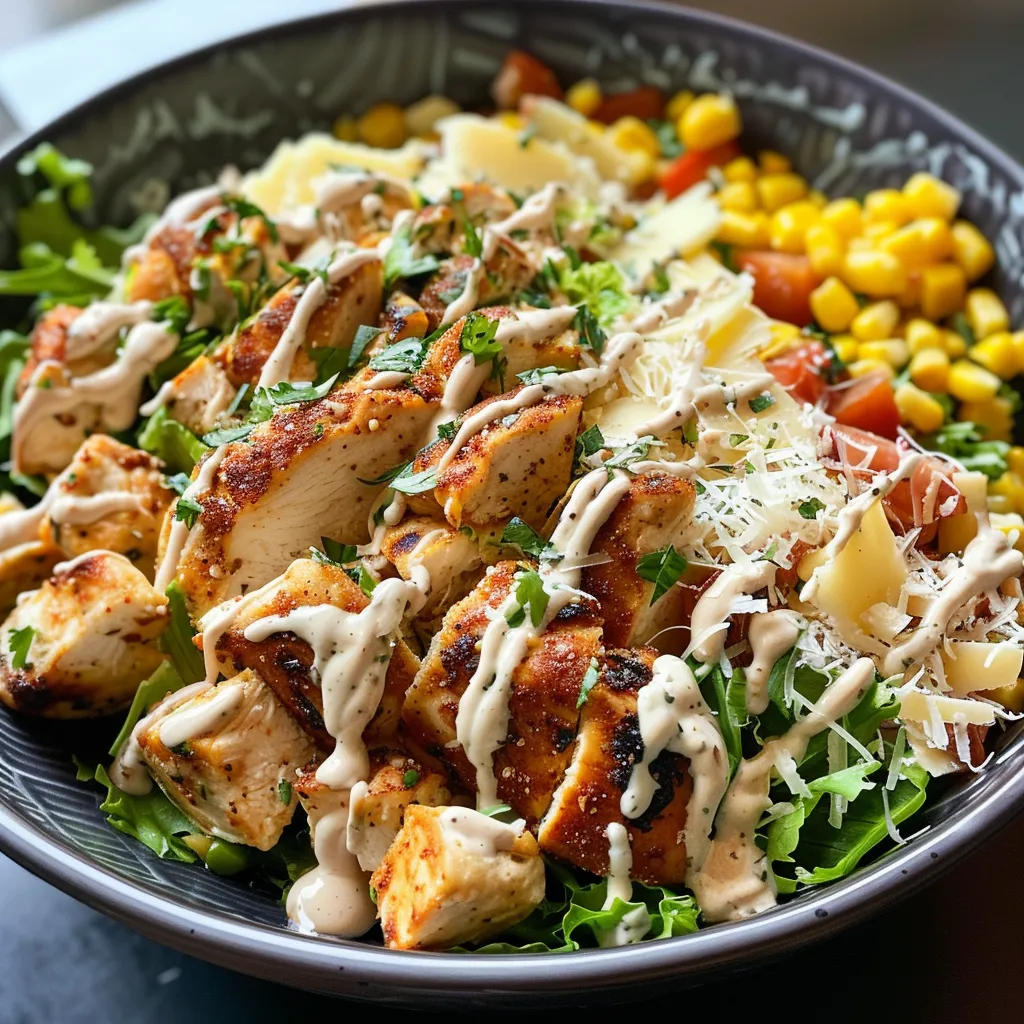 Side angle of a delicious Caesar chicken bowl filled with golden chicken and fresh greens.