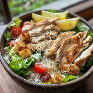 A close-up side view of a Caesar Salad Chicken Rice Bowl with vibrant ingredients.