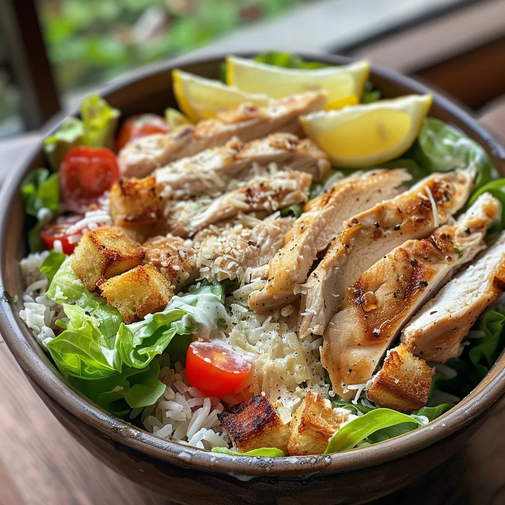 A close-up side view of a Caesar Salad Chicken Rice Bowl with vibrant ingredients.