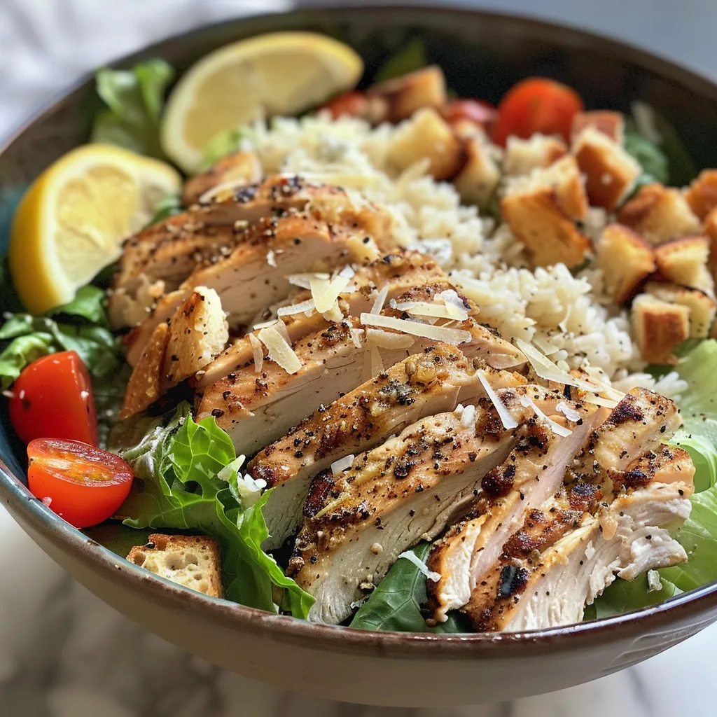 Juicy chicken slices atop rice and fresh greens in a ribbed bowl.