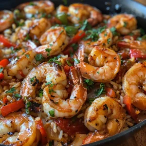 Close-up view of a Cajun shrimp and rice skillet with vibrant colors.