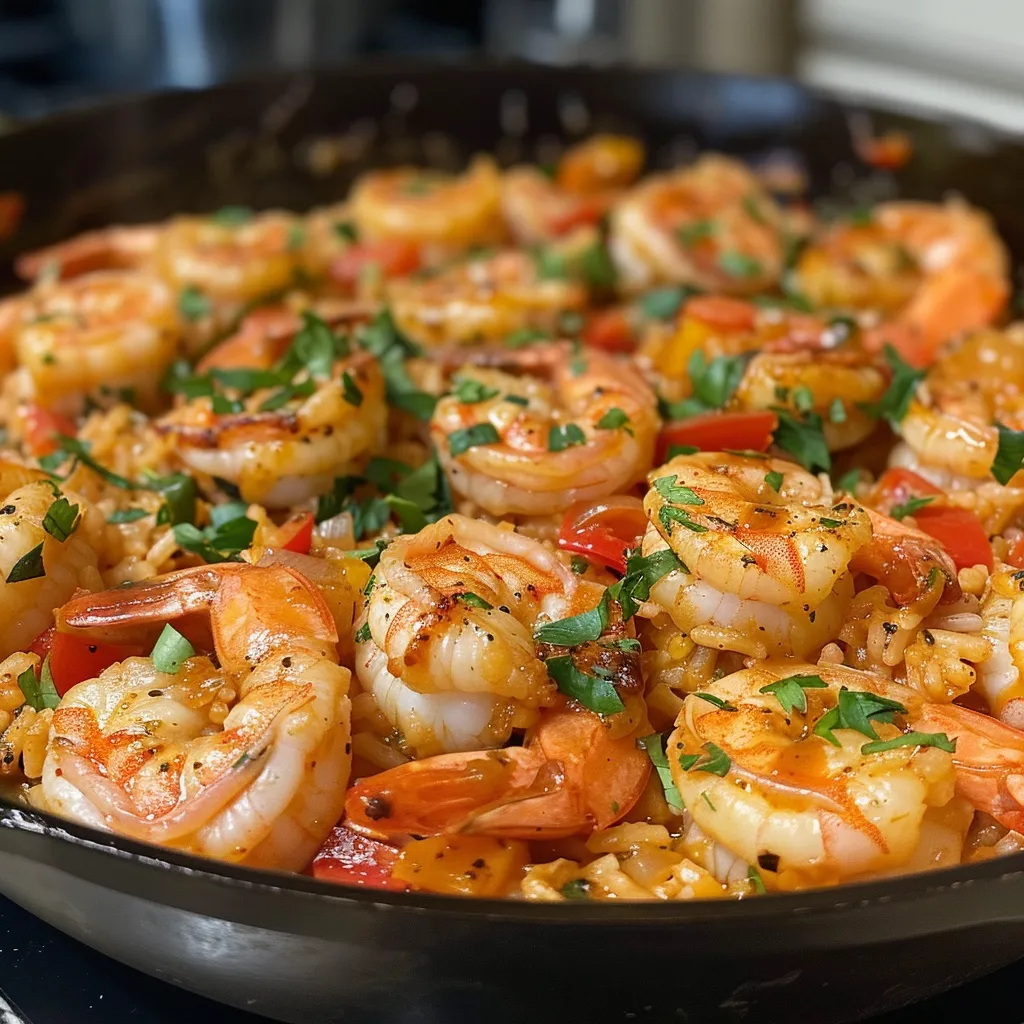 Juicy jumbo shrimp and colorful bell peppers in a rice skillet.