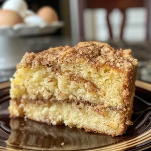 Delicious slice of Cake Mix Coffee Cake featuring a crumbly cinnamon layer and a light glaze.