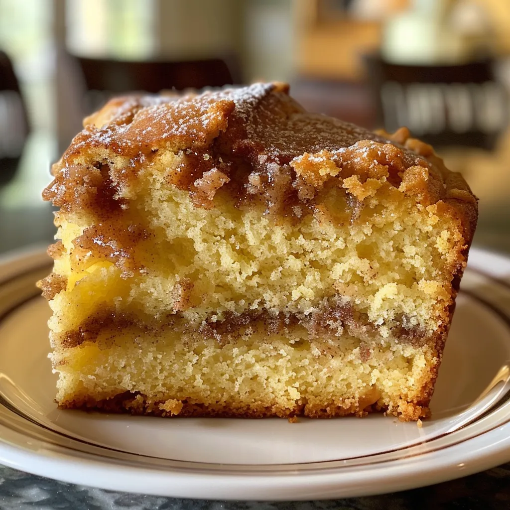 Soft, fluffy Coffee Cake slice with an appealing cinnamon crumble, captured from the side.