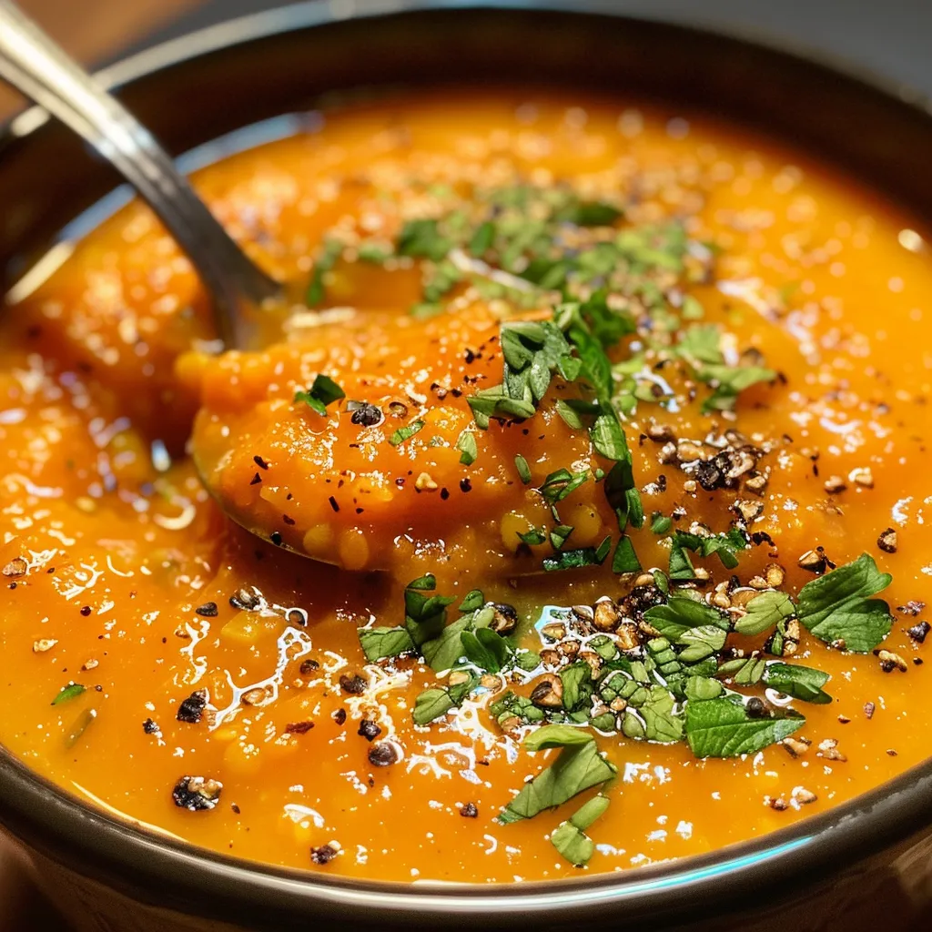 Side perspective of a delicious carrot and lentil soup, showcasing its creamy texture and fresh ingredients.