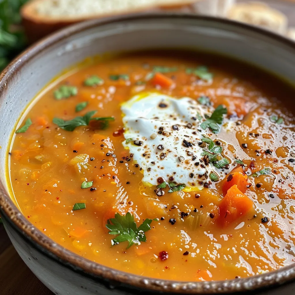 Detailed shot of hearty carrot and lentil soup, highlighting the natural ingredients and inviting color.