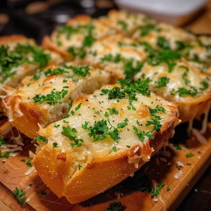 Side view of a sliced baguette topped with garlic and cheese.