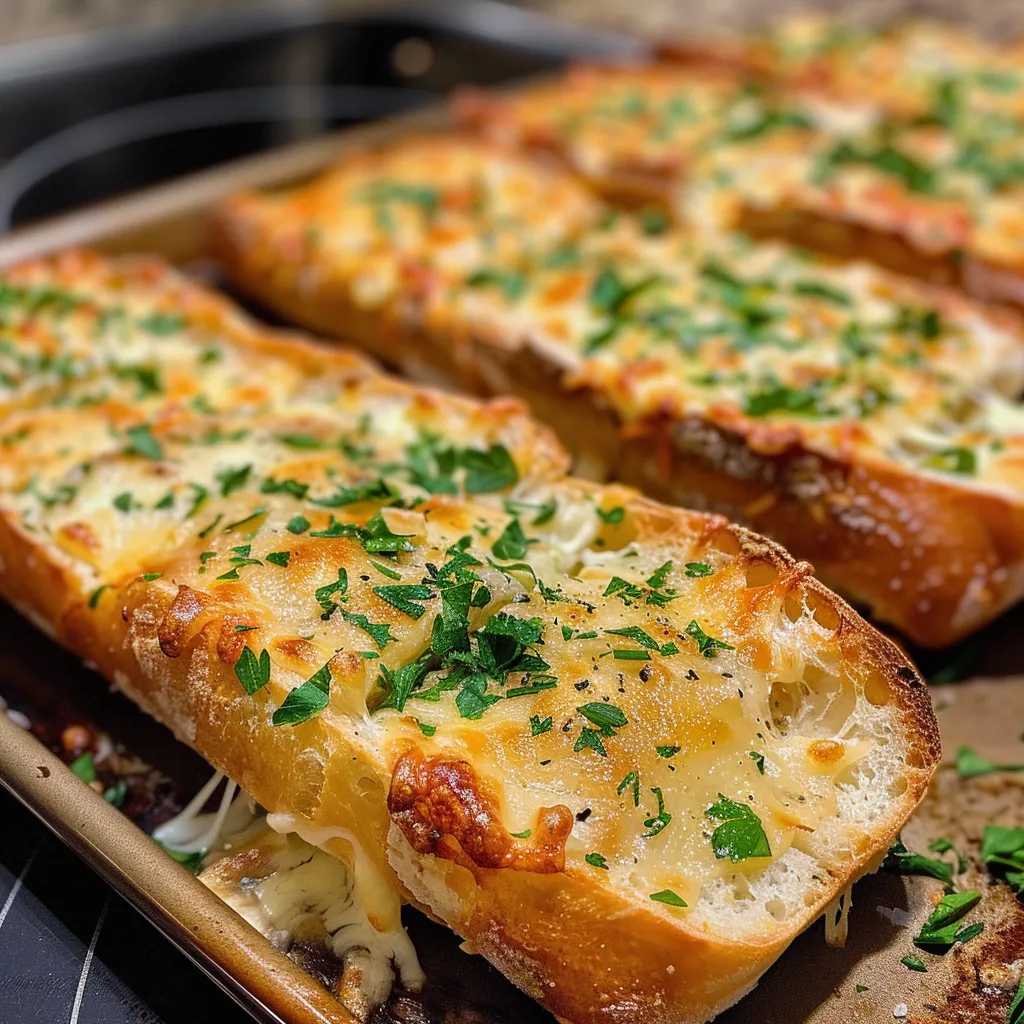 Freshly baked cheesy garlic bread, showing gooey mozzarella.