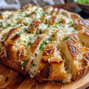 A round loaf of Cheesy Garlic Pull-Apart Bread showing layers of cheese and garlic.