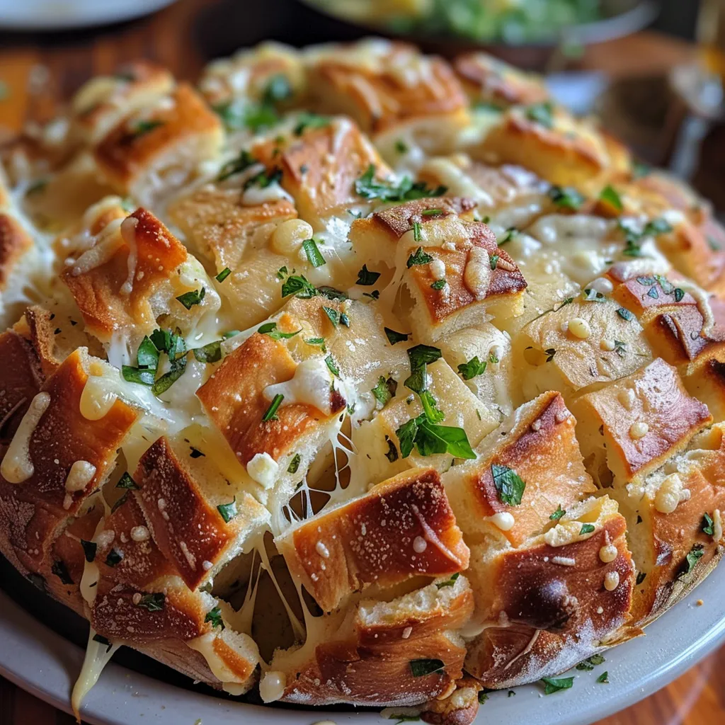 Sliced Cheesy Garlic Pull-Apart Bread, revealing stretchy mozzarella and a rich garlic aroma.