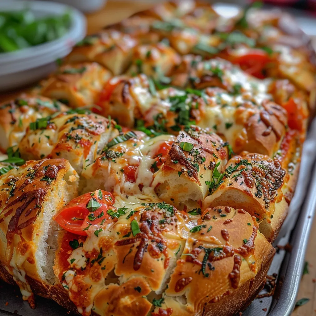 Detail of a loaf of cheesy pull-apart pizza bread, showcasing herbs and toppings.