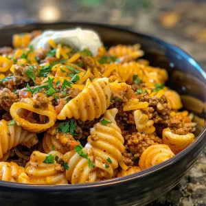 A close-up view of Cheesy Taco Pasta with ground beef, cheese, and toppings.